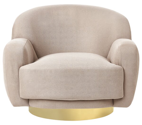 Kreslo sivobéžové látkové čalúnenie polyester zlatý kovový podstavec retro glamour art deco štýl obývačka spálňa