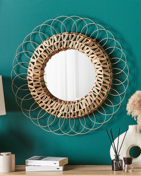 Nástenné zrkadlo prírodné vodný hyacint oceľ ø 67 cm okrúhle boho dizajn doplnky do predsiene