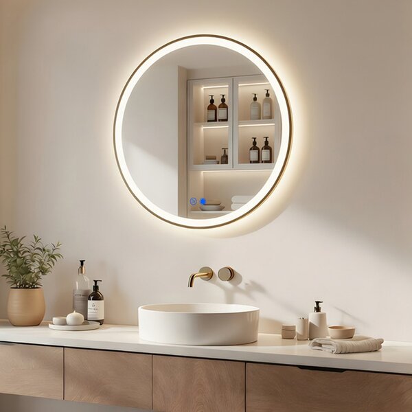 Okrúhle LED zrkadlo v zlatom hliníkovom ráme