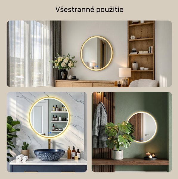 Okrúhle LED zrkadlo v zlatom hliníkovom ráme
