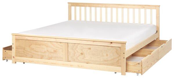Posteľ svetlohnedá borovicové drevo MDF 180 x 200 cm s čelom úložný priestor 4 zásuvky minimalistický škandinávsky štýl spálňa detská izba