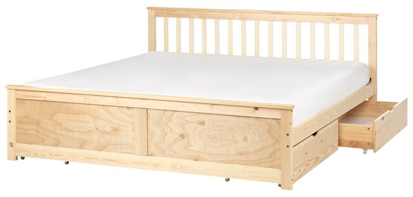 Posteľ svetlohnedá borovicové drevo MDF 180 x 200 cm s čelom úložný priestor 4 zásuvky minimalistický škandinávsky štýl spálňa detská izba