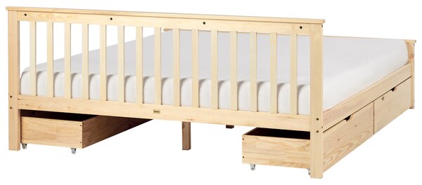 Posteľ svetlohnedá borovicové drevo MDF 180 x 200 cm s čelom úložný priestor 4 zásuvky minimalistický škandinávsky štýl spálňa detská izba