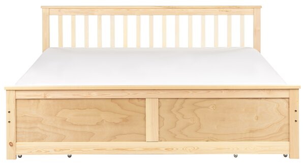 Posteľ svetlohnedá borovicové drevo MDF 180 x 200 cm s čelom úložný priestor 4 zásuvky minimalistický škandinávsky štýl spálňa detská izba