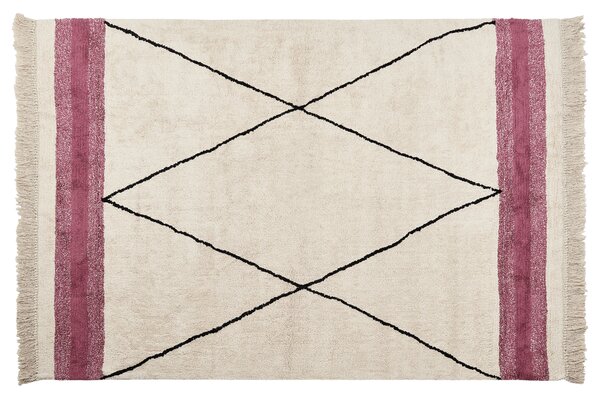 Koberec béžový a ružový bavlnený 140 x 200 cm obdĺžnikový so strapcami geometrický vzor boho štýl