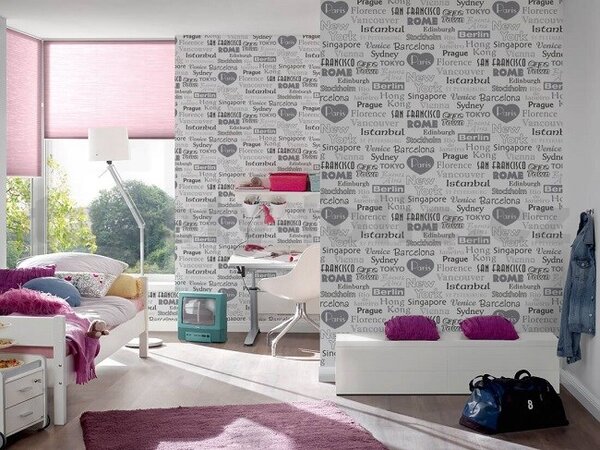 Vliesové tapety na zeď Boys & Girls 30467-1, názvy měst šedočerné na bílém podkladu, rozměr 10,05 m x 0,53 m, A.S.Création