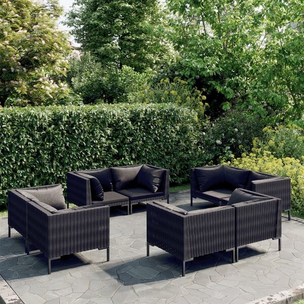 Maison Exclusive – 8-dielna záhradná súprava s vankúšmi z polyrotangu v tmavošedej farbe