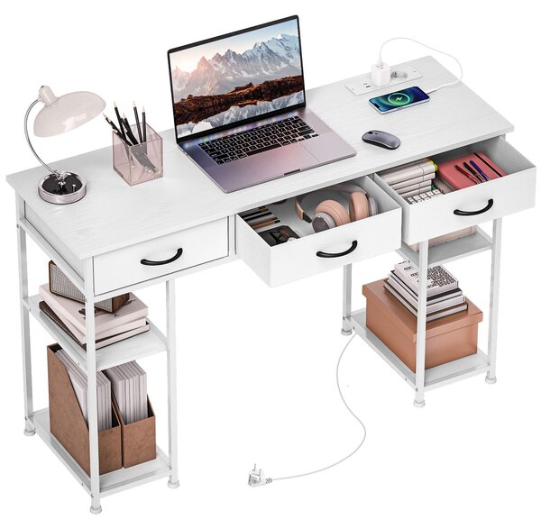 HOMCOM Písací stôl/kuchynský stôl s 2 USB portmi na nabíjanie a 2 zásuvkami, biely