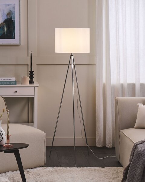 Stojacia lampa strieborná kovová 148 cm statívový stojan biele látkové bubnové tienidlo
