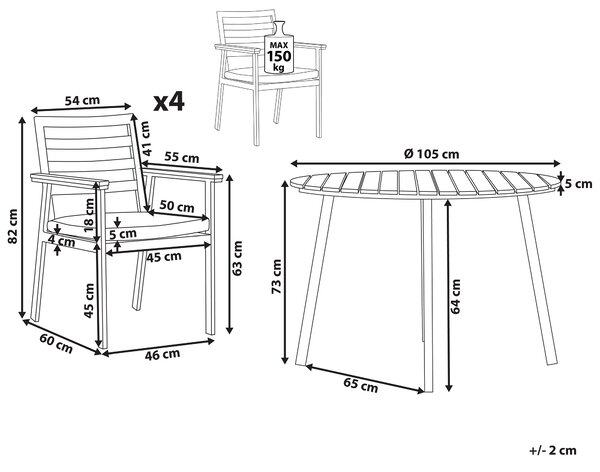 Vonkajšia jedálenská zostava z bieleho hliníka okrúhly stôl pre 4 osoby 105 cm 4 stoličky so sivými podsedákmi
