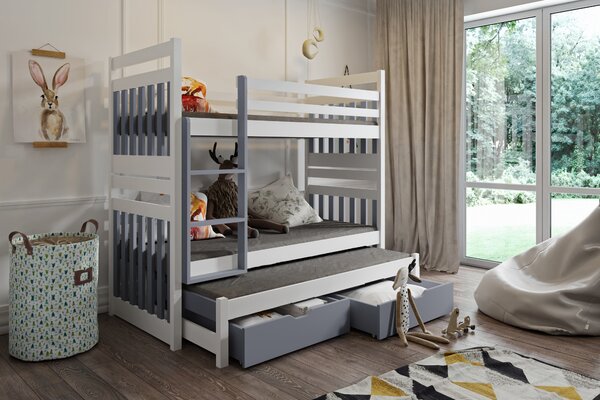 Detská poschodová posteľ z masívu borovice SAMBOR s prístelkou a šuplíky - 200x90 cm - biela/sivá