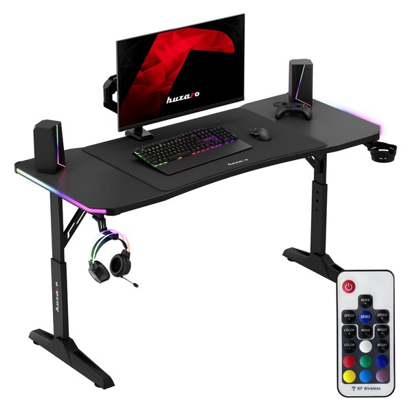 Herný stôl Huzaro Hero 3.6 RGB - výškovo nastaviteľný 140x60 cm, LED osvetlenie, karbónový povrch, XXL podložka pod myš, držiaky