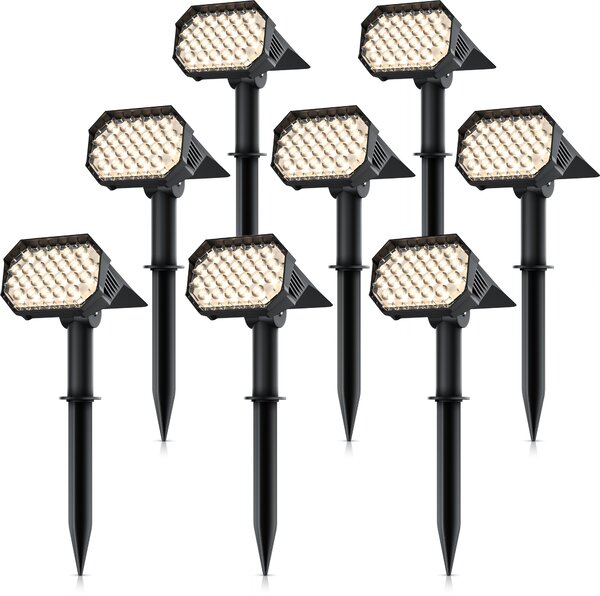 8x záhradný reflektor Brandson so zemným hrotom, solárny panel, solárny reflektor, nabíjateľná batéria, 1800 mAh, 2 úrovne jasu, 60-80 lumenov, 3000 K, IP65, odolný voči poveternostným vplyvom, otočný, montáž, záhrada, balkón, terasa