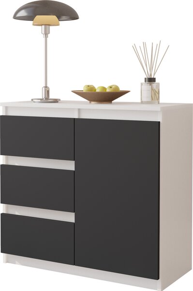FURNICA - MIKEL - Komoda s 3 zásuvkami a 1 dvierkami - biela matná / antracitovo sivá V75cm Š80cm H35cm