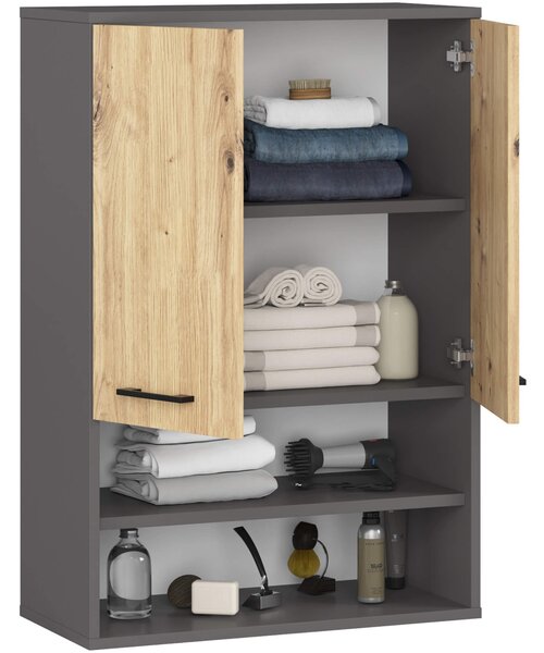 Ak furniture Závesná kúpeľňová skrinka Fin W64 2D 64 cm grafit/dub artisan