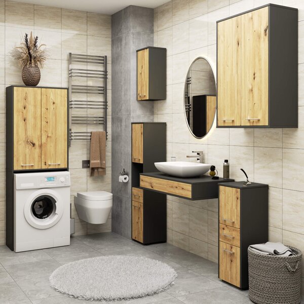 Ak furniture Závesná kúpeľňová skrinka Fin W64 2D 64 cm grafit/dub artisan