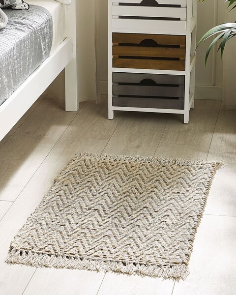 Koberec béžový juta a bavlna 50 x 80 cm behúň so strapcami ručne tkaný boho chodba spálňa
