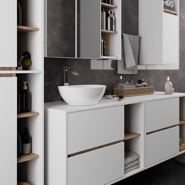 Ak furniture Závesná kúpeľňová skrinka so zrkadlom VAMI 90 cm biela/dub sonoma