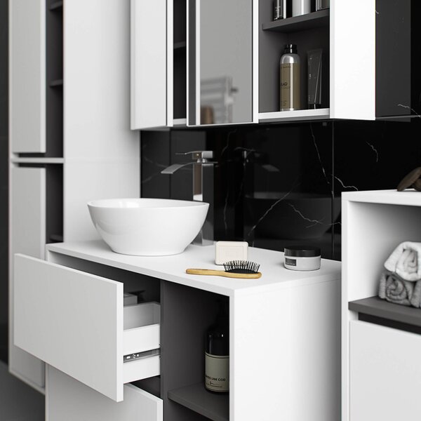 Ak furniture Závesná kúpeľňová skrinka so zrkadlom VAMI 90 cm biela/sivý grafit