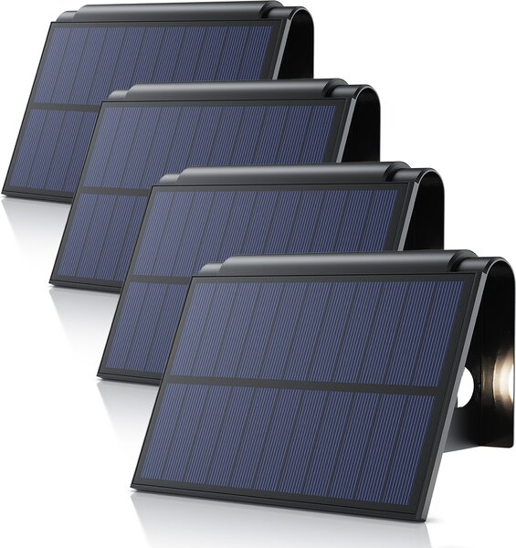 Solárne LED svietidlo BEARWARE, solárna lampa do exteriéru, solárne vonkajšie svietidlo, solárne nástenné svietidlo, sada 4 ks, 2 režimy, 2 úrovne, teplá biela 3000 K, IP54, akumulátor 1800 mAh