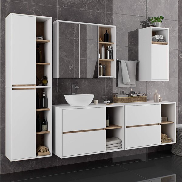 Ak furniture Závesná kúpeľňová skrinka so zrkadlom VAMI 90 cm biela/dub sonoma