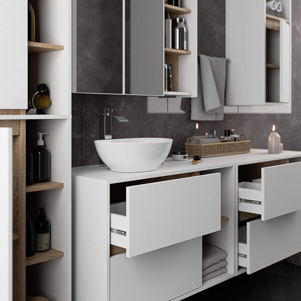 Ak furniture Závesná kúpeľňová skrinka so zrkadlom VAMI 90 cm biela/dub sonoma