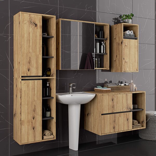 Ak furniture Závesná kúpeľňová skrinka so zrkadlom VAMI 90 cm dub v remeselnom štýle/šedý grafit