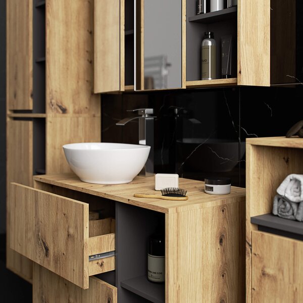 Ak furniture Závesná kúpeľňová skrinka so zrkadlom VAMI 90 cm dub v remeselnom štýle/šedý grafit