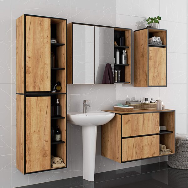 Ak furniture Závesná kúpeľňová skrinka so zrkadlom VAMI 90 cm dub remeselný/čierna