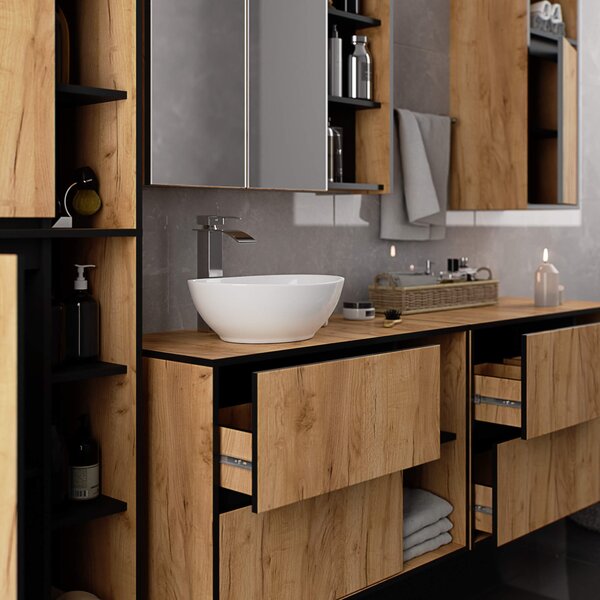 Ak furniture Závesná kúpeľňová skrinka so zrkadlom VAMI 90 cm dub remeselný/čierna