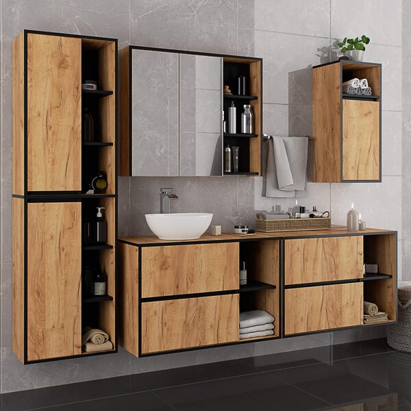 Ak furniture Závesná kúpeľňová skrinka so zrkadlom VAMI 90 cm dub remeselný/čierna