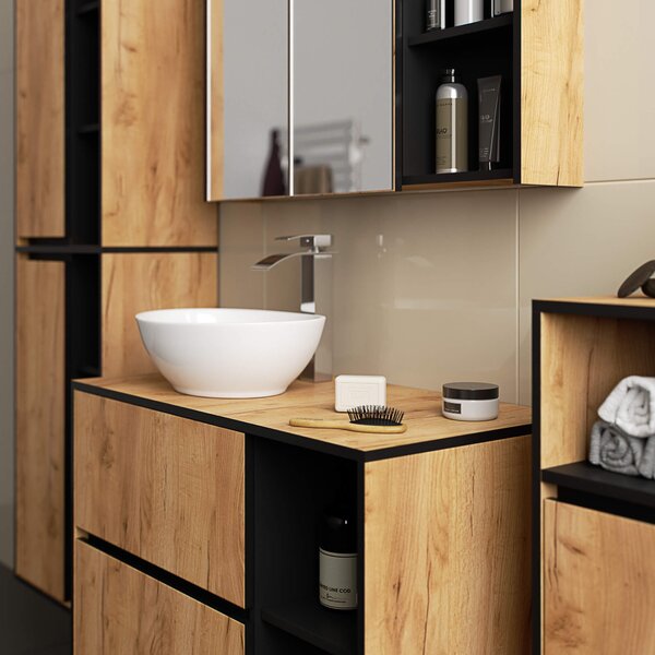 Ak furniture Závesná kúpeľňová skrinka so zrkadlom VAMI 90 cm dub remeselný/čierna