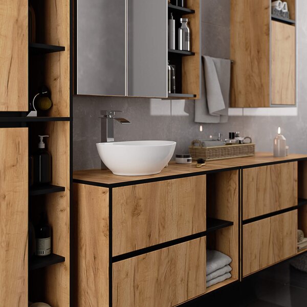 Ak furniture Závesná kúpeľňová skrinka so zrkadlom VAMI 90 cm dub remeselný/čierna