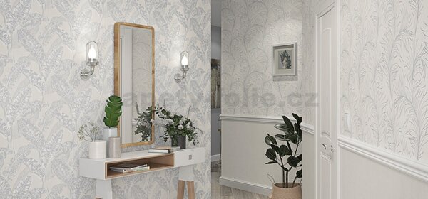 Vliesové tapety na zeď Felicita 31709, rozměr 10,05 m x 0,53 m, jemné listy bílo-šedé na krémovém podkladu, NOVAMUR