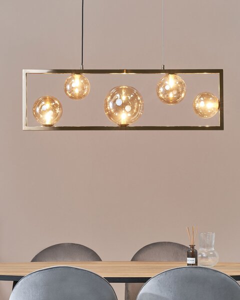 Závesná lampa s 5 tienidlami mosadzný kovový obdĺžnikový rám elegantný industriálny štýl obývacia izba jedáleň
