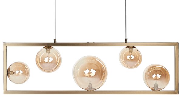 Závesná lampa s 5 tienidlami mosadzný kovový obdĺžnikový rám elegantný industriálny štýl obývacia izba jedáleň