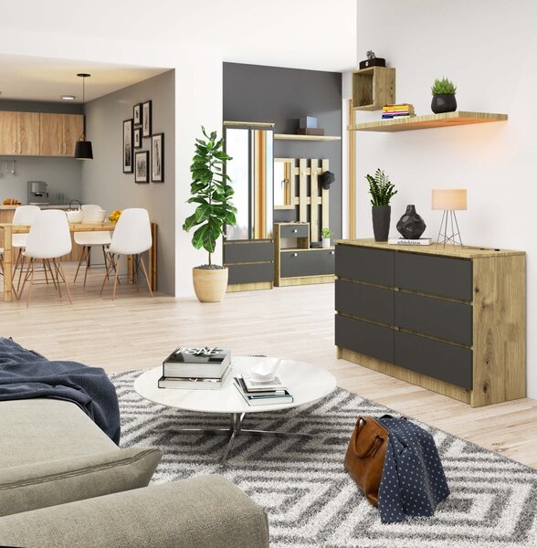 Ak furniture Komoda Kuba 120 cm 6 zásuviek dub artisan/grafit