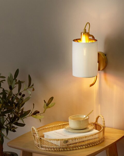 Nástenná lampa biele ľanové tienidlo medený kovový podstavec 30 cm moderné svietidlo glamour štýl