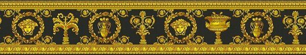 Vliesové bordúry na stenu Versace III 34305-1, rozmer 5 m x 9 cm, barokový kvetinový vzor čierno-zlatý, A.S. Création
