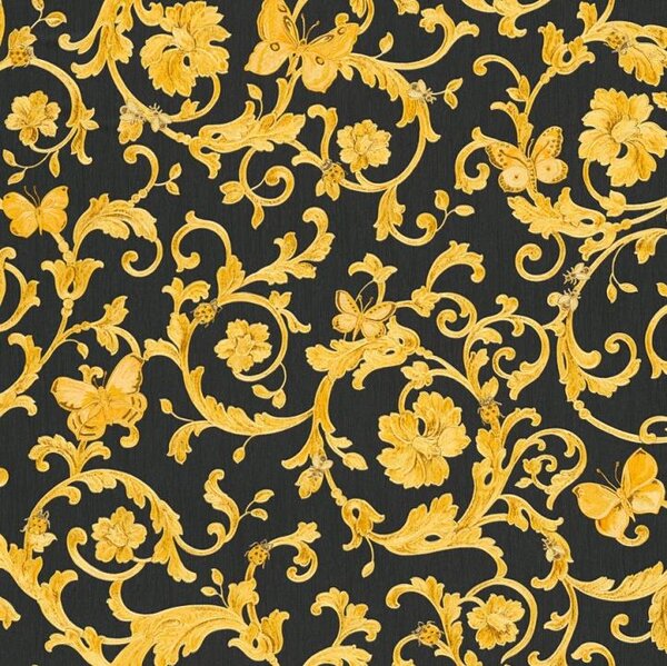 Vliesové tapety na stenu Versace III 34325-2, rozmer 10,05 m x 0,53 m, barokní s motýľmi vzor zlato-čierny, A.S. Création