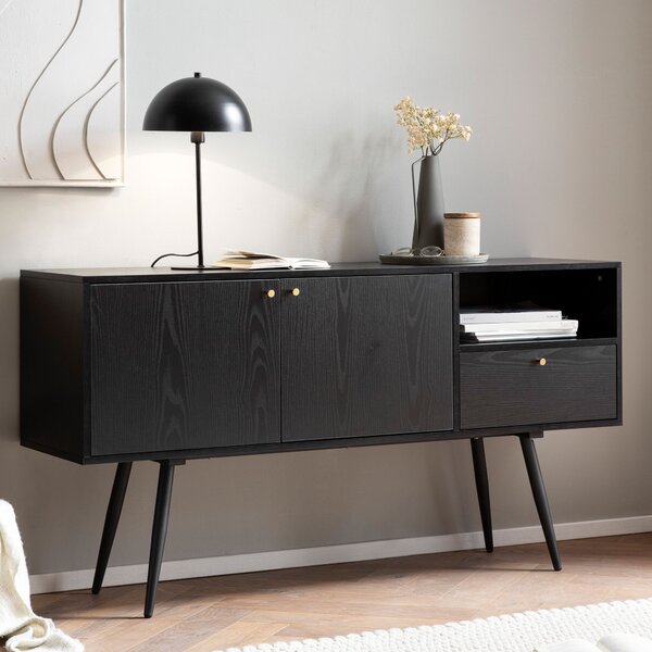 Komoda FineBuy 140x75x40 cm, čierna s dekorom dubového dreva, nadčasová, vysoká komoda, stojaca skriňa do obývacej izby s 2 dverami a zásuvkou