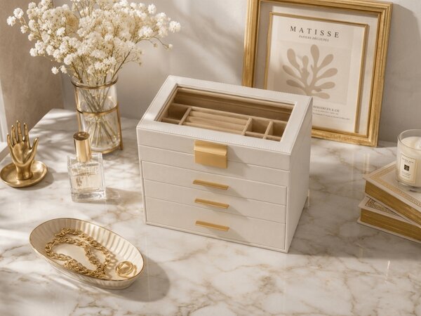 Šperkovnica ELEGANT CASE 25,1x21,5x15,3 cm z eko kože, béžová