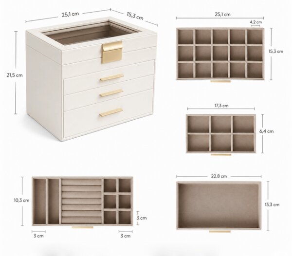 Šperkovnica ELEGANT CASE 25,1x21,5x15,3 cm z eko kože, béžová