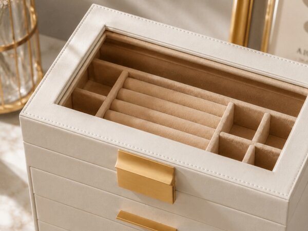 Šperkovnica ELEGANT CASE 25,1x21,5x15,3 cm z eko kože, béžová