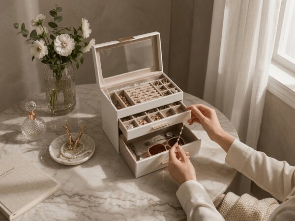 Šperkovnica ELEGANT CASE 25,1x21,5x15,3 cm z eko kože, béžová