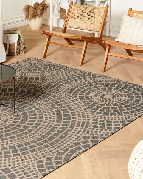 Koberec béžový a sivý jutový 200 x 300 cm obdĺžnikový s geometrickým vzorom s krátkym vlasom boho štýl spálňa obývacia izba