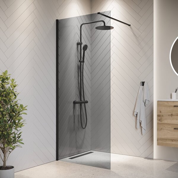 Badplaats Sprchová Zástena Rizani 80 x 200 cm – ierna – Dymové Sklo Walk-In Sprchový Kút 8 mm Bezpenostné Sklo
