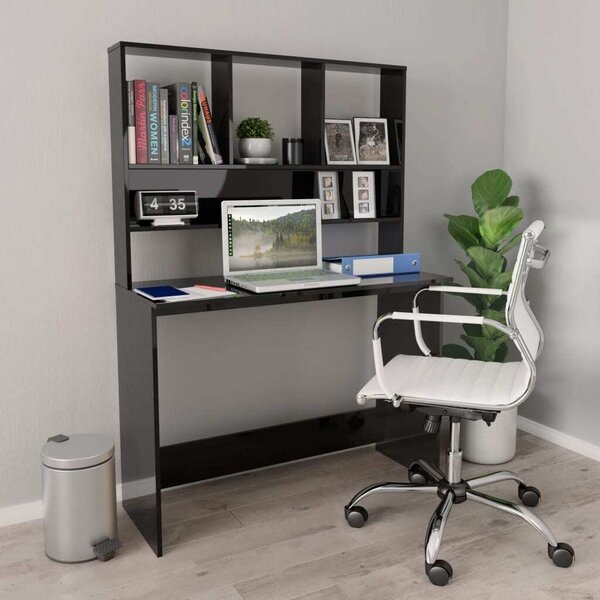 Maison Exclusive - písací stôl s policami, lesklá čierna farba, 110 x 45 x 157 cm