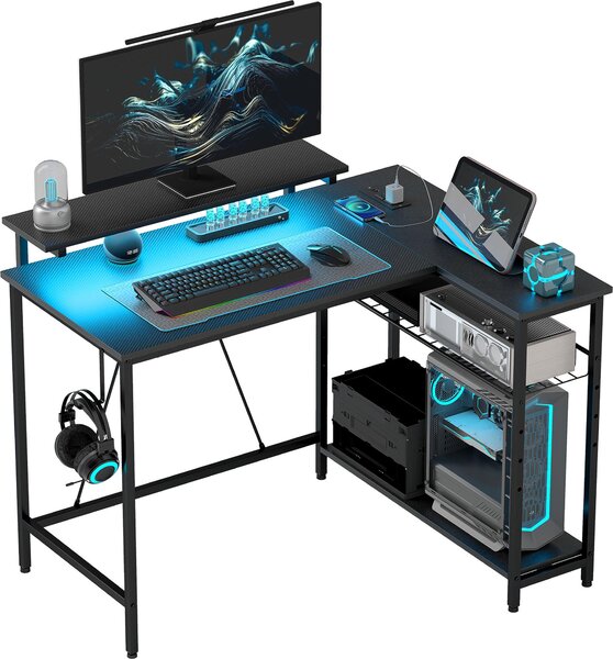 Písací stôl HOMCOM v tvare L s LED osvetlením, zásuvkami, USB portmi, policou a podstavcom pod monitor