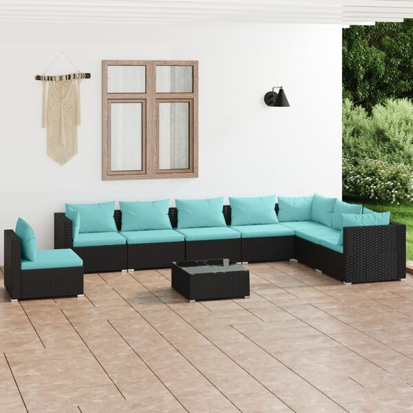 Maison Exclusive – 9-dielna záhradná súprava s vankúšmi z polyrotangu v čiernej farbe